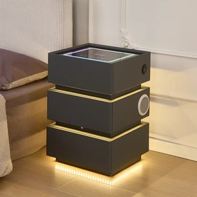 SÉLIA — Noptieră inteligentă cu încărcare Wireless, Bluetooth Stereo, iluminare RGB, USB + Type-C și senzor de mișcare, Gri