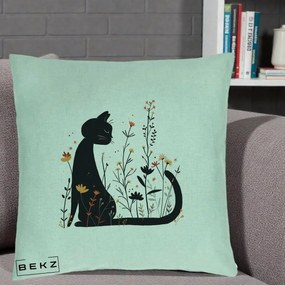 Perna Decorativa Pisica Neagra Flori Portocalii Silueta, 40x40 cm, Verde Menta, Husa Detasabila, Perna Inclusa, BEKZ®