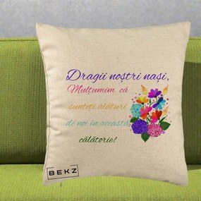 Perna Personalizata Dragii Nostri Nasi Multumim cu Flori Multicolore Colorat, 40x40 cm, Bej, Husa Detasabila, Perna Inclusa, BEKZ®