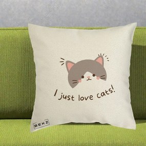 Perna Personalizata I Just Love Cats Pisica Kawaii, 40x40 cm, Ecru, Husa Detasabila, Perna Inclusa, BEKZ®