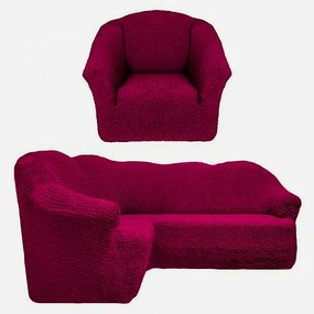 Set Huse elastice si creponate pentru coltar + fotoliu, fara volanas, culoare Bordo