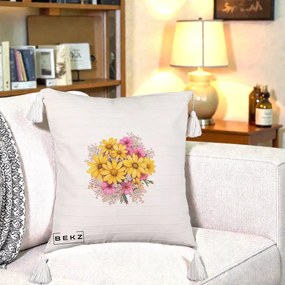 Perna Decorativa Floarea-Soarelui cu Cosmos Roz si Gypsophila, 40x40 cm, Bej cu Franjuri, Husa Detasabila, Perna Inclusa, BEKZ®