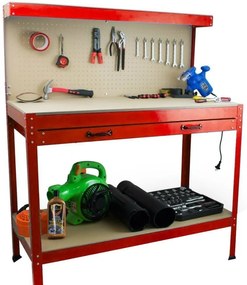 Banc de lucru pentru atelier 115x55x140 cm, cu spații de depozitare și panou cu cârlige, roșu, HD17726