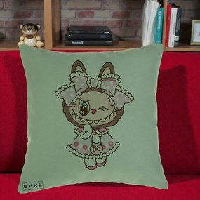 Perna Personalizata Labubu Lolita Roz cu Dantela, 40x40 cm, Verde, Husa Detasabila, Perna Inclusa, BEKZ®
