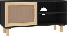 vidaXL Comodă TV, negru, 80x30x40 cm, lemn masiv pin și ratan natural