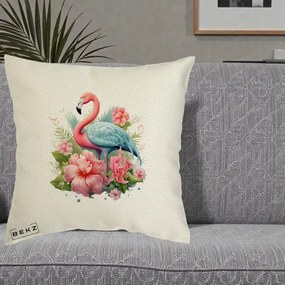 Perna Decorativa Flamingo cu Hibiscus Tropical, 40x40 cm, Ecru, Husa Detasabila, Perna Inclusa, BEKZ®
