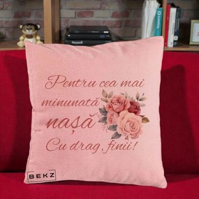 Cadou pentru Nasa - Perna Personalizata Pentru Cea mai Minunata Nasa Cu drag Finii, 40x40 cm, Roz, Husa Detasabila, Perna Inclusa, BEKZ®