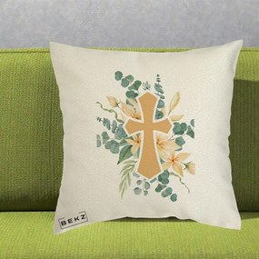 Perna Personalizata Cruce Florala Botez, 40x40 cm, Ecru, Husa Detasabila, Perna Inclusa, BEKZ®
