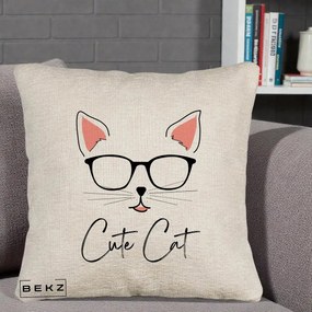 Perna Personalizata Cute Cat cu Ochelari, 40x40 cm, Bej Canapea, Husa Detasabila, Perna Inclusa, BEKZ®