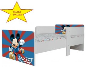 Pat star imprimat cu Mickey Mouse, cu protectie si saltea, 160x80 cm