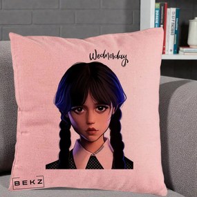 Perna Personalizata Wednesday Addams Portret Realist, 40x40 cm, Roz, Husa Detasabila, Perna Inclusa, BEKZ®
