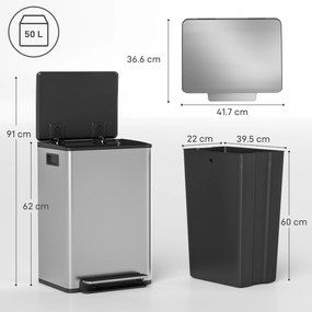 HOMCOM Coș de gunoi bucătărie 50L, coș cu pedală, găleată interioară detașabilă, capac cu închidere silențioasă, 41,7x36,6x62cm, argintiu | Aosom Romania