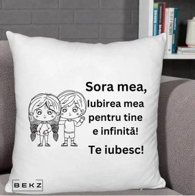 Cadou pentru Sora - Perna Personalizata Sora Mea Te Iubesc Copii Anime Line Art, 40x40 cm, Alb Pufos, Husa Detasabila, Perna Inclusa, BEKZ®