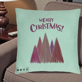 Perna Decorativa Merry Christmas Brazi Roz, 40x40 cm, Verde Menta, Husa Detasabila, Perna Inclusa, BEKZ®