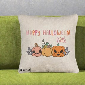 Perna Decorativa Happy Halloween Boo Trei Dovlecei Kawaii, 40x40 cm, Bej Canapea, Husa Detasabila, Perna Inclusa, BEKZ®