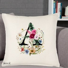 Cadou Personalizat - Perna Personalizata Monogram Litera A cu Flori Acuarela, 40x40 cm, Crem Reliefat, Husa Detasabila, Perna Inclusa, BEKZ®