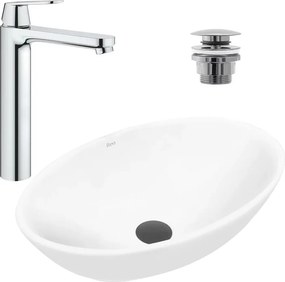 Pachet lavoar pe blat Rea Pamela alb 53 cm, baterie lavoar Grohe Eurosmart Cosmopolitan XL crom si ventil lavoar Click-Clack crom