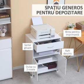Vinsetto Suport Imprimantă cu Sertar, Dulap Multifuncțional, 4 Roți, 60x39x80cm, Alb | Aosom Romania