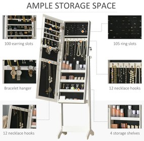 HOMCOM Oglindă Portbijuterii, Dulap Portbijuterii cu Unghi Reglabil, Organizator pentru Inele, Coliere, Cercei, Încuietoare cu Cheie, pentru Dormitor, Living, 46x36.5x151.5cm, Alb | Aosom Romania