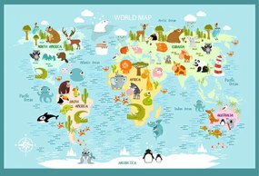 Fototapet. Harta Lumii cu Fauna pt copii Art.100018