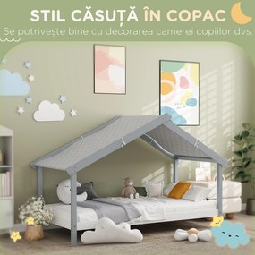 HOMCOM Pat Montessori pentru Copii în Formă de Căsuță cu Acoperiș Înstelat, Pat cu 15 Șipci, 213x100x140 cm, Gri | Aosom Romania