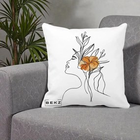 Perna Decorativa Portret Feminin Floare Portocalie Lateral, 40x40 cm, Alba Mata, Husa Detasabila, Perna Inclusa, BEKZ®