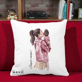 Cadou pentru Mama - Perna Personalizata Super Mom Jachete Roz, 40x40 cm, Alba Mata, Husa Detasabila, Perna Inclusa, BEKZ®