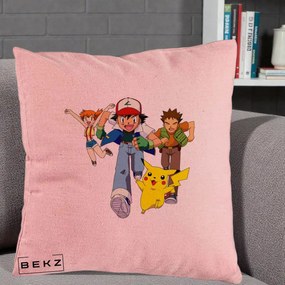 Perna Personalizata Pokemon Ash Misty Brock si Pikachu, 40x40 cm, Roz, Husa Detasabila, Perna Inclusa, BEKZ®
