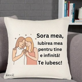 Cadou pentru Sora - Perna Personalizata Sora Mea Te Iubesc Imbratisare cu Sclipiri, 40x40 cm, Crem Reliefat, Husa Detasabila, Perna Inclusa, BEKZ®
