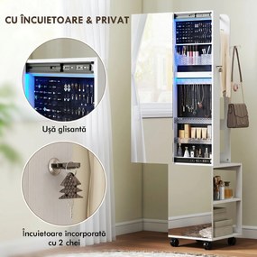 HOMCOM Dulap pentru Bijuterii Rotativ cu Oglindă, Lumină LED și Încuietoare Negru | Aosom Romania