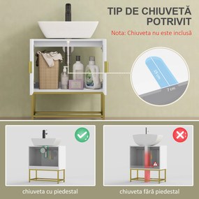 Masca pentru chiuveta cu dulap cu 2 usi Kleankin, lemn si otel, 60x30x65cm, alb si auriu | Aosom Romania