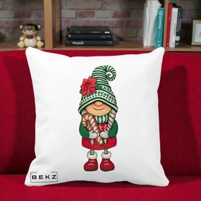 Perna Decorativa Gnom Craciun Verde cu Bomboane si Floare, 40x40 cm, Alba Mata, Husa Detasabila, Perna Inclusa, BEKZ®
