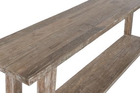 Consolă hol în stil etnic, din lemn de tec reciclat, natur, cu raft jos și picioare înclinate, finisaj patinat, 90 x 240 x 46 cm, „Granville”