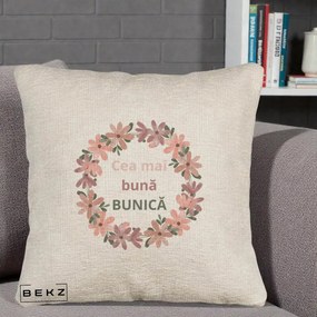 Cadou pentru Bunica - Perna Personalizata Cea Mai Buna Bunica Coronita Flori Roz, 40x40 cm, Bej Canapea, Husa Detasabila, Perna Inclusa, BEKZ®
