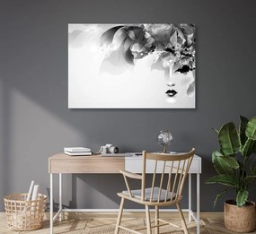 Tablou fața feminină la modă cu elemente abstracte în design alb-negru