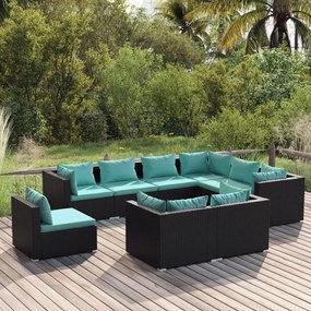 Set mobilier de gradina cu perne, 9 piese, negru, poliratan Negru si albastru, 5x colt + 4x mijloc, 1