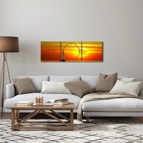 Tablou cu apus de soare și iaht (cu ceas) (90x30 cm)
