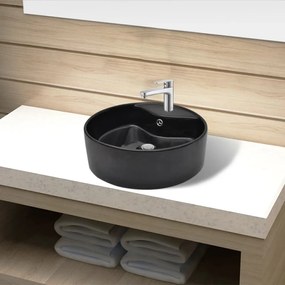 vidaXL Bazin chiuvetă ceramică baie cu gaură robinet/preaplin, rotund, negru