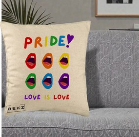 Perna Personalizata Pride Love is Love Curcubeu, 40x40 cm, Bej, Husa Detasabila, Perna Inclusa, BEKZ®