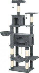 PawHut Arborele pentru Pisici mare, 202 cm, cu 6 Stâlpi de Zgâriat, 2 Hamace, 2 Stinghii, 2 Pompoane, Gri inchis | Aosom Romania