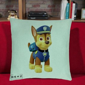 Perna Personalizata Chase PAW Patrol Albastru, 40x40 cm, Verde Menta, Husa Detasabila, Perna Inclusa, BEKZ®