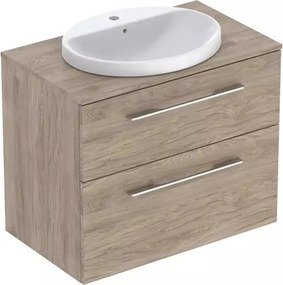 Set dulap baza suspendat Geberit Selnova Square finisaj nuc american Hickory 2 sertare si lavoar 80 cm