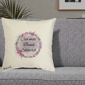 Cadou pentru Soacra - Perna Personalizata Cea mai Buna Soacra cu Coronita Flori Roz si Mov, 40x40 cm, Ecru, Husa Detasabila, Perna Inclusa, BEKZ®