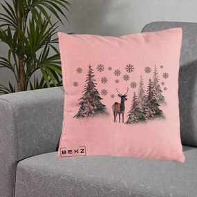 Perna Decorativa Ren in Padure Inzapezita, 40x40 cm, Roz, Husa Detasabila, Perna Inclusa, BEKZ®