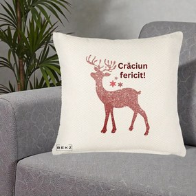 Perna Decorativa Ren Sclipitor Glitter Craciun Fericit, 40x40 cm, Crem Reliefat, Husa Detasabila, Perna Inclusa, BEKZ®