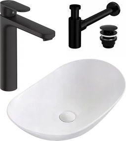 Pachet lavoar pe blat Rea Royal alb 62.5 cm, baterie lavoar Hansgrohe Vernis Blend 190 negru si ventil lavoar Click-Clack negru