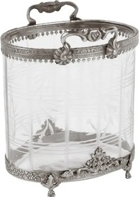 Suport lumânare din sticlă decorată manual și alamă, argintiu, oval, cu mânere și margine ornamentată, aspect vintage, finisaj antichizat, 19 x 15