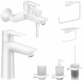 Set baterie cada si baterie lavoar Hansgrohe Talis cu accesorii baie Hansgrohe AddStoris, alb mat