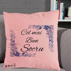 Cadou pentru Socru - Perna Personalizata Cel mai Bun Socru cu Flori Albastre Acuarela, 40x40 cm, Roz, Husa Detasabila, Perna Inclusa, BEKZ®