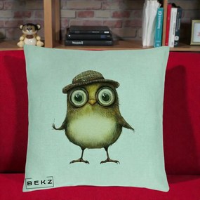 Perna Decorativa Pui Intelectual cu Palarie Tweed, 40x40 cm, Verde Menta, Husa Detasabila, Perna Inclusa, BEKZ®